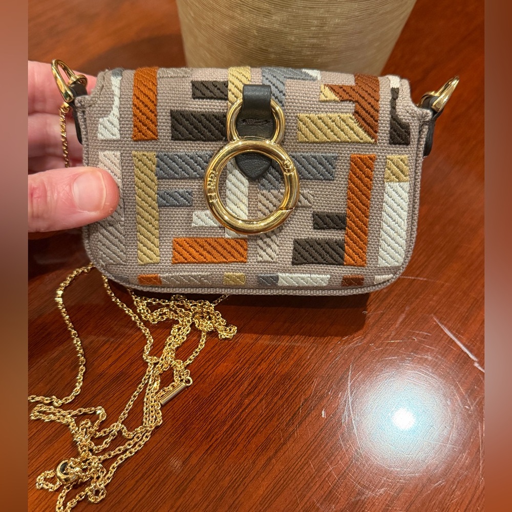 Authentic EUC Fendi Canvas FF Embroidery Nano Baguette Charm in beige multicolor - Picture 4 of 6